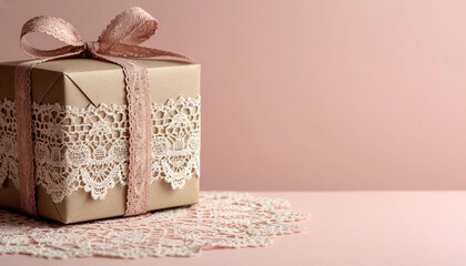 Kraft-wrapped present with antique lace trim on soft pastel backdrop