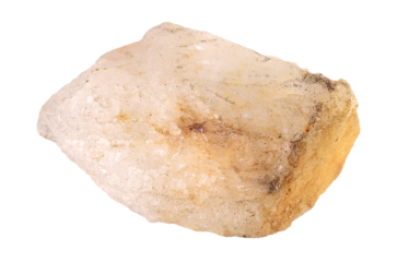 Close-up of a raw, natural quartz crystal with a warm, earthy color
