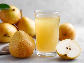 Fototapeta premium Freshly Pressed Pear Juice with Pear Background JPG Photo : Generative AI