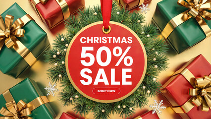 Christmas 50% sale tag with festive wreath and gift boxes on elegant golden backdrop