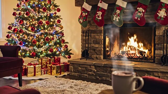 Cozy Christmas Living Room Decor with Festive Tree, Fireplace and Gift Presents for Holiday Celebrations