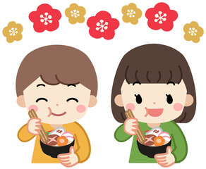 お正月に雑煮を食べる子供のアイコンイラスト素材