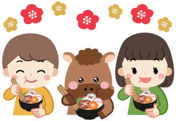 お正月に雑煮を食べる馬と子供のアイコンイラスト素材　meal