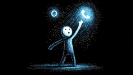 The figure and the symbols are illuminated against a dark background, creating a sense of wonder or anticipation