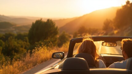 Enjoying a sunset drive on a winding road in a convertible car
