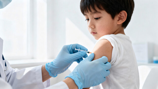 Close-up of physician&rsquo;s gloved hands preparing child&rsquo;s arm for immunization in a bright clean medical interior, emphasizing skin detail, gentle touch, and professional trustworthy healthcare environme