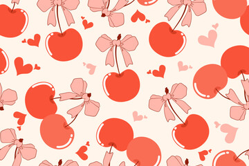 Valentine day valentine seamless pattern with cherry heart and bow design for fabric, cotton, wallpaper, satin all types of print textile and background	