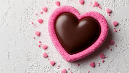 Chocolate heart pastry on white background, romantic dessert