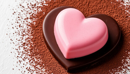 Chocolate heart pastry on white background, romantic dessert
