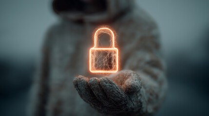 A lone hacker in a dark room holds a holographic lock, cyber security and technology concept with futuristic theme, Generated AI