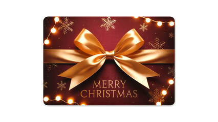 Elegant christmas card with golden bow, ribbon, festive snowflakes and warm string lights