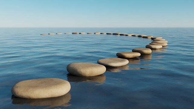 A path of stepping stones gracefully arranged upon the surface of calm blue water under a clear sky