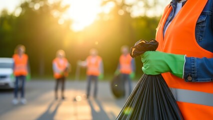 Volunteer holds trash bag during outdoor cleanup event in evening light