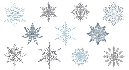 Fototapeta premium Large decorative snowflakes in mixed line styles and soft icy colors, suitable for Christmas cards, winter posters, and festive graphic compositions.