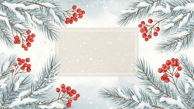 Elegant watercolor winter background with snow covered pine branches and vibrant red berries framing a central copy space - Powered by Adobe