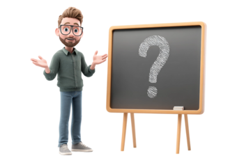 student struggling at classroom board isolated on transparent background