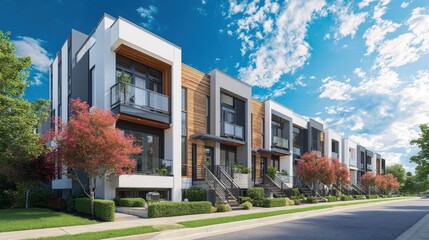 Fototapeta premium Modern multi-family residential townhouses with contemporary architecture, vibrant landscaping, and bright blue sky