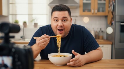 Man eating ramen noodles with chopsticks while filming for food blog. Content creator live streaming meal in kitchen for social media.
