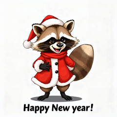 Cute raccoon dressed as Santa Claus in a festive winter setting.