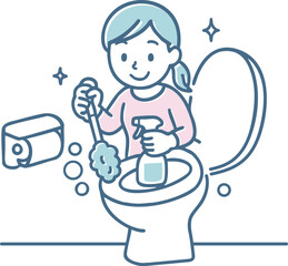 トイレ掃除をしているママのイラスト
