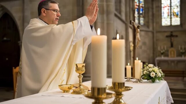 Eucharistic Prayer: Hands of the Priest over the Chalice and Paten