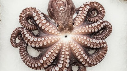 Obraz premium Fresh raw octopus on ice. Seafood market display. Gourmet delicacy for cooking, restaurant menu, or healthy diet concept.
