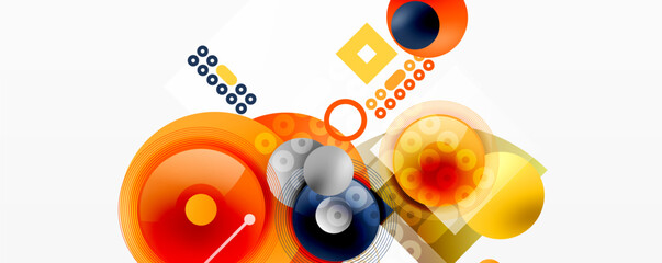 Abstract colorful shapes overlap, creating dynamic composition. Circles, squares, lines form modern design elements. Bright hues dominate.