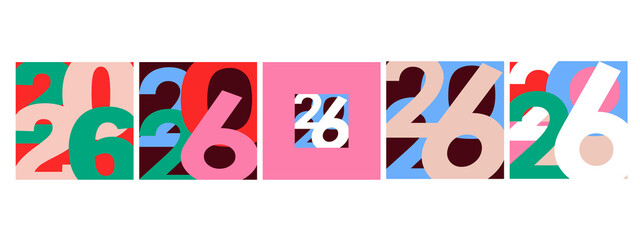 New Year 2026 logo design template set with numbers in blue, red white and gold colors. Elegant minimalist vector illustration for branding, calendar, invitation, greeting card, banner, poster