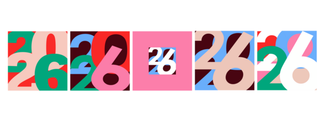 New Year 2026 logo design template set with numbers in blue, red white and gold colors. Elegant minimalist vector illustration for branding, calendar, invitation, greeting card, banner, poster