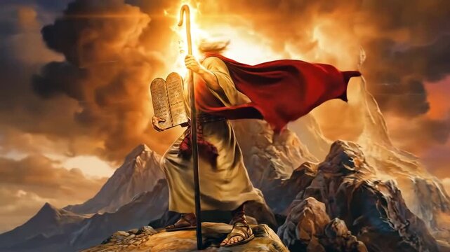 Moses Descends Mount Sinai with the Ten Commandments and Staff