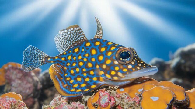 A close-up view of a tropical saltwater fish featuring a distinctive spotted pattern, swimming gracefully in a clear marine environment.