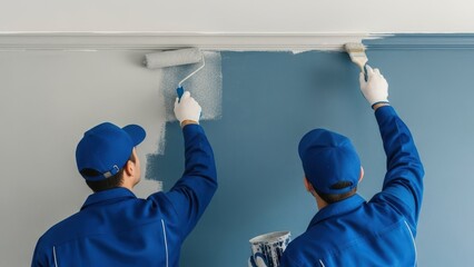 Two men house painters applying blue paint to wall. Home improvement and renovation concept for residential or commercial property work.
