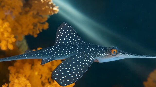 A close-up view of a tropical saltwater fish featuring a distinctive spotted pattern, swimming gracefully in a clear marine environment.