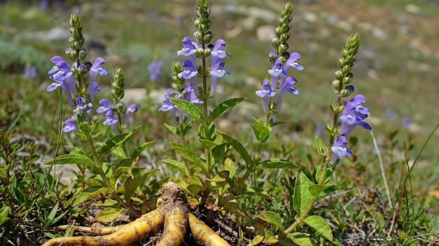 A captivating close-up shot reveals a unique botanical specimen thriving in its natural habitat. Delicate purple flowers bloom gracefully atop slender green stalks, contrasting with the prominent, gna