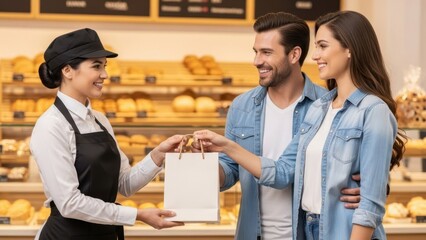 Woman baker giving gift bag to man and woman customers. Friendly service and small business concept. Happy couple shopping.