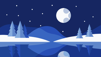 Naklejka premium A serene Christmas winter night landscape illustration featuring a snowy forest under a blue moonlit sky with glowing stars and festive holiday decorations for a seasonal xmas card design