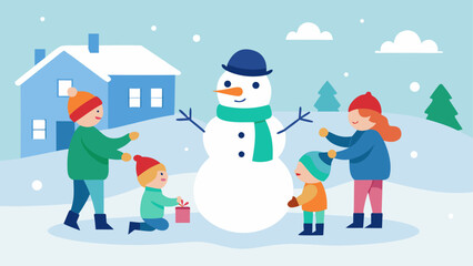 Children building a snowman in winter time