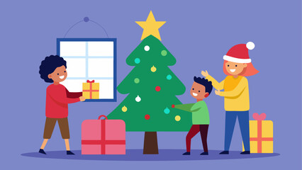 Family decorating christmas tree indoors