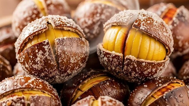 A captivating close-up showcases a tempting pile of freshly roasted chestnuts, each meticulously cracked open to reveal their tender, golden-yellow flesh. The dark, textured shells are beautifully dus