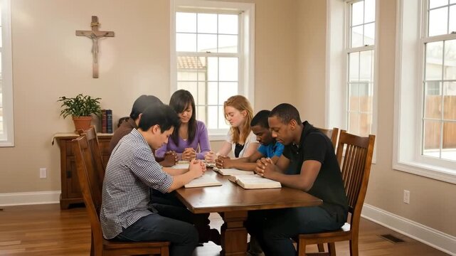 Multiracial Group of Young Adults Praying Together with Bibles Open