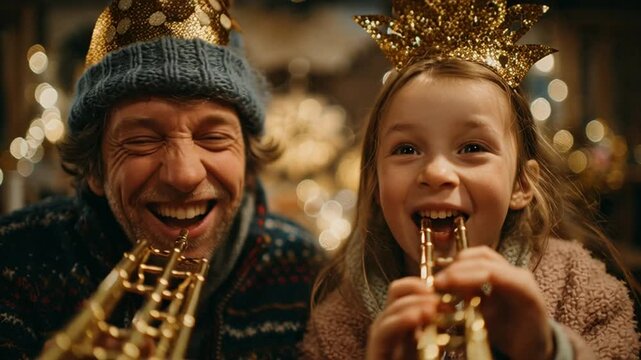 Father and daughter celebrate with noisemakers crowns aglow