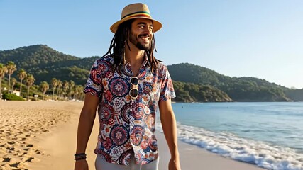 A cheerful man with a relaxed demeanor walks confidently along the sandy shore of a pristine beach on a bright, sunny day. He sports a stylish straw hat with a vibrant band and a colorful, patterned s