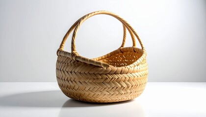 &ldquo;Circular wicker basket with dual handles on neutral surface&rdquo;