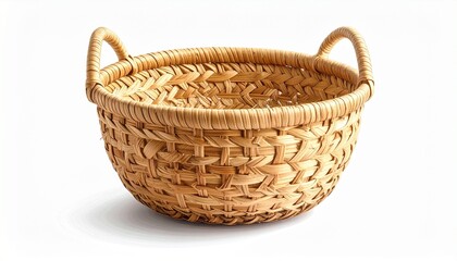 &ldquo;Circular wicker basket with dual handles on neutral surface&rdquo;
