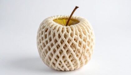 &ldquo;Apple wrapped in beige foam netting on white background&rdquo;