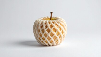 &ldquo;Apple wrapped in beige foam netting on white background&rdquo;