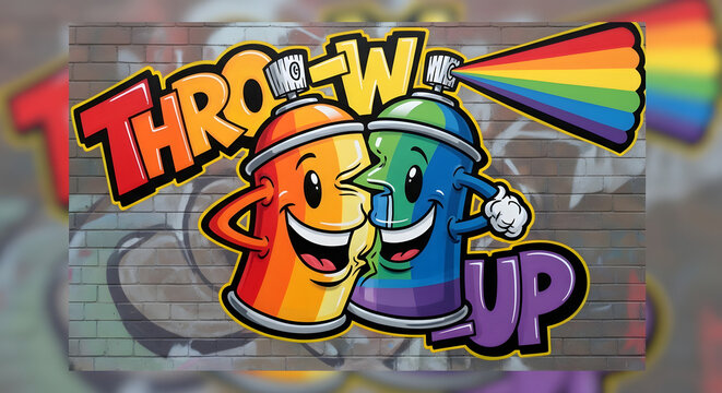 Vibrant graffiti art illustration featuring two cheerful anthropomorphic spray paint cans, one spraying a rainbow, with 'throw-up' text on a brick wall background.