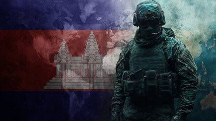 A soldier in tactical gear stands before Cambodia flag. Misty smoke adds a somber, atmospheric tone to this image of national defense.
