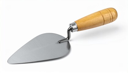 &ldquo;Masonry trowel with pointed metal blade and wooden handle on neutral surface&rdquo;