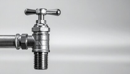&ldquo;Metal water faucet with T-handle valve on pipe against light gray background&rdquo;